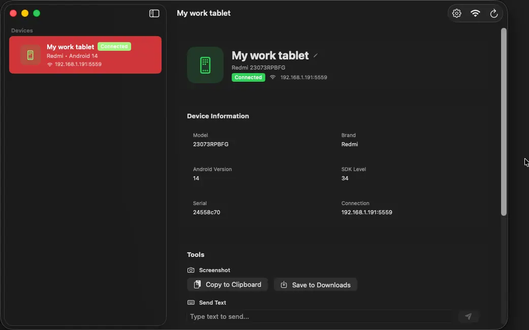 ADB Studio, fiche d'un appareil : modèle, version d'Android, niveau d'API, numéro de série et outils