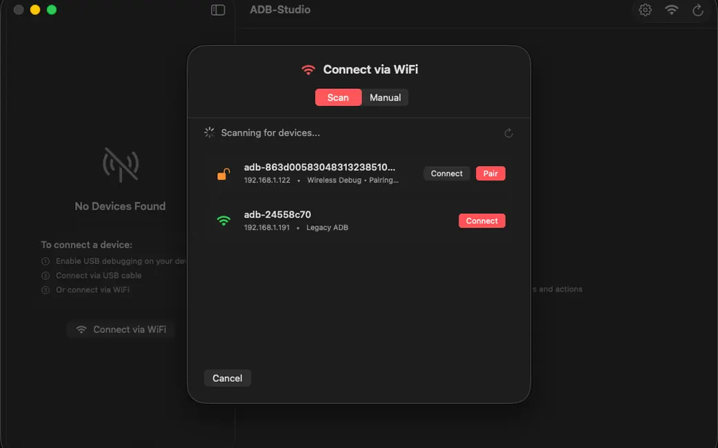 ADB Studio, appairage sans fil : recherche des appareils disponibles sur le réseau