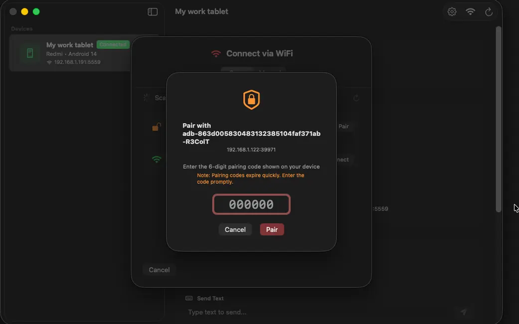 ADB Studio, saisie du code d'appairage à six chiffres affiché sur l'appareil Android