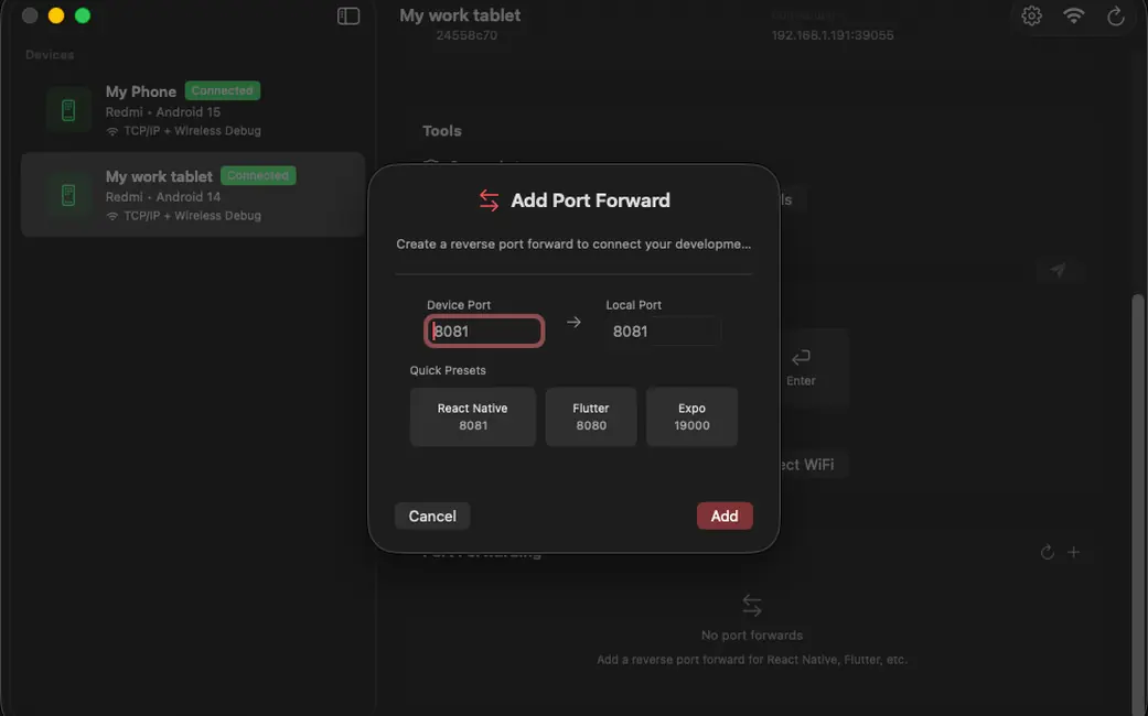 ADB Studio, redirection de port avec préréglages React Native, Flutter et Expo