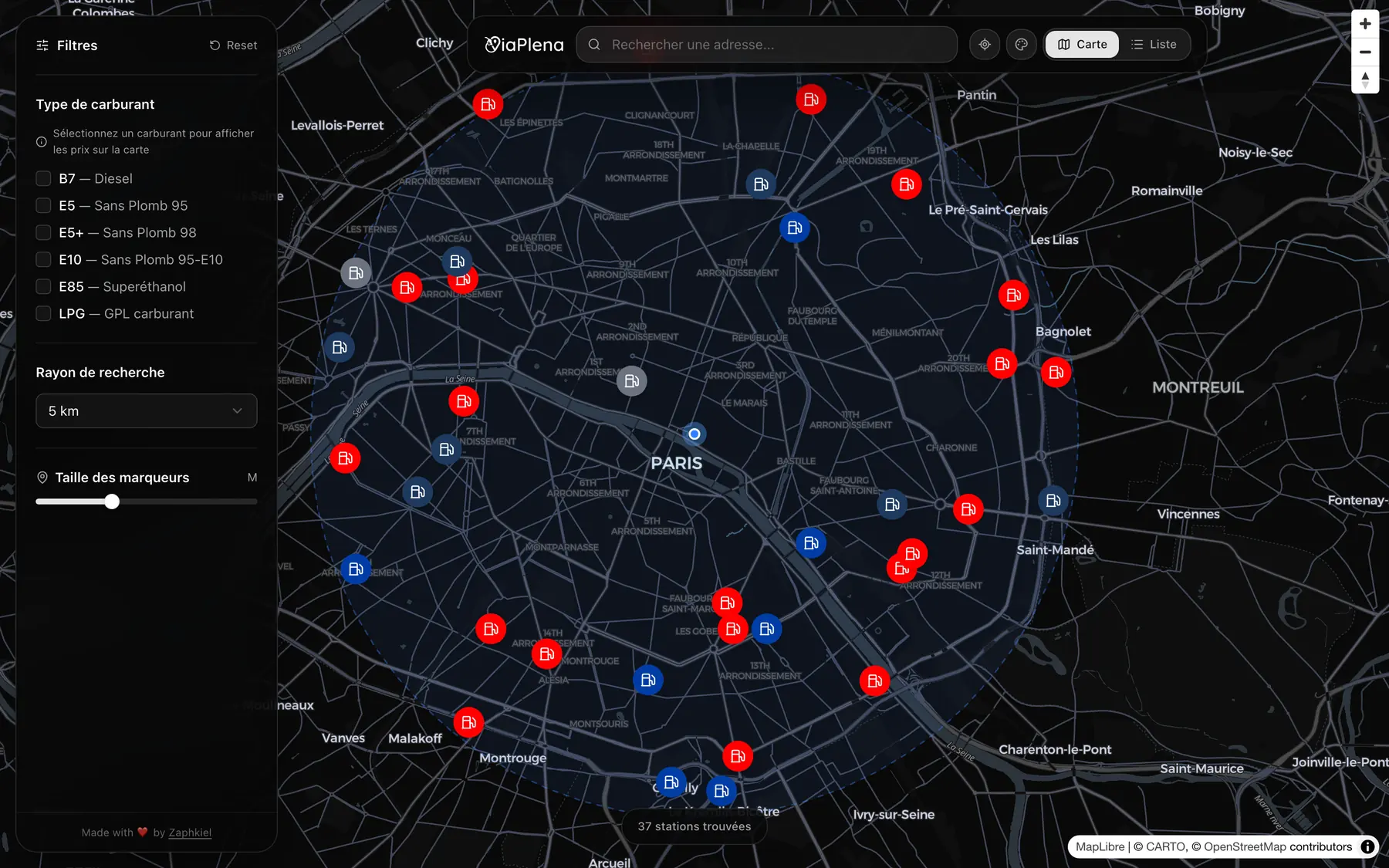 Via-Plena en fonctionnement : carte des stations autour de Paris, filtres par carburant, 37 stations trouvées
