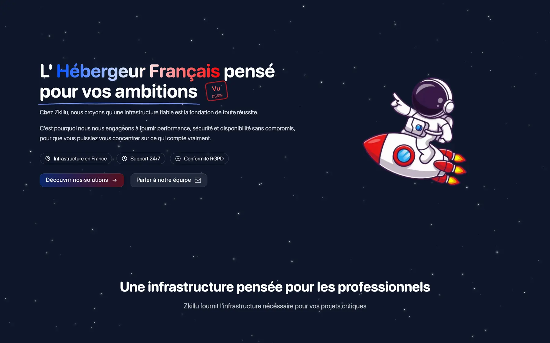 Page d’accueil de zkillu.fr, hébergeur français. Site vitrine livré pour ce client.